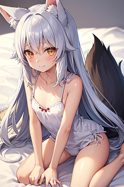 (1Wolfgirl, gray fur, gray eyes, Beautiful, cute, gray long hair, naked, sht pose)), (In a hotel room at sunset)