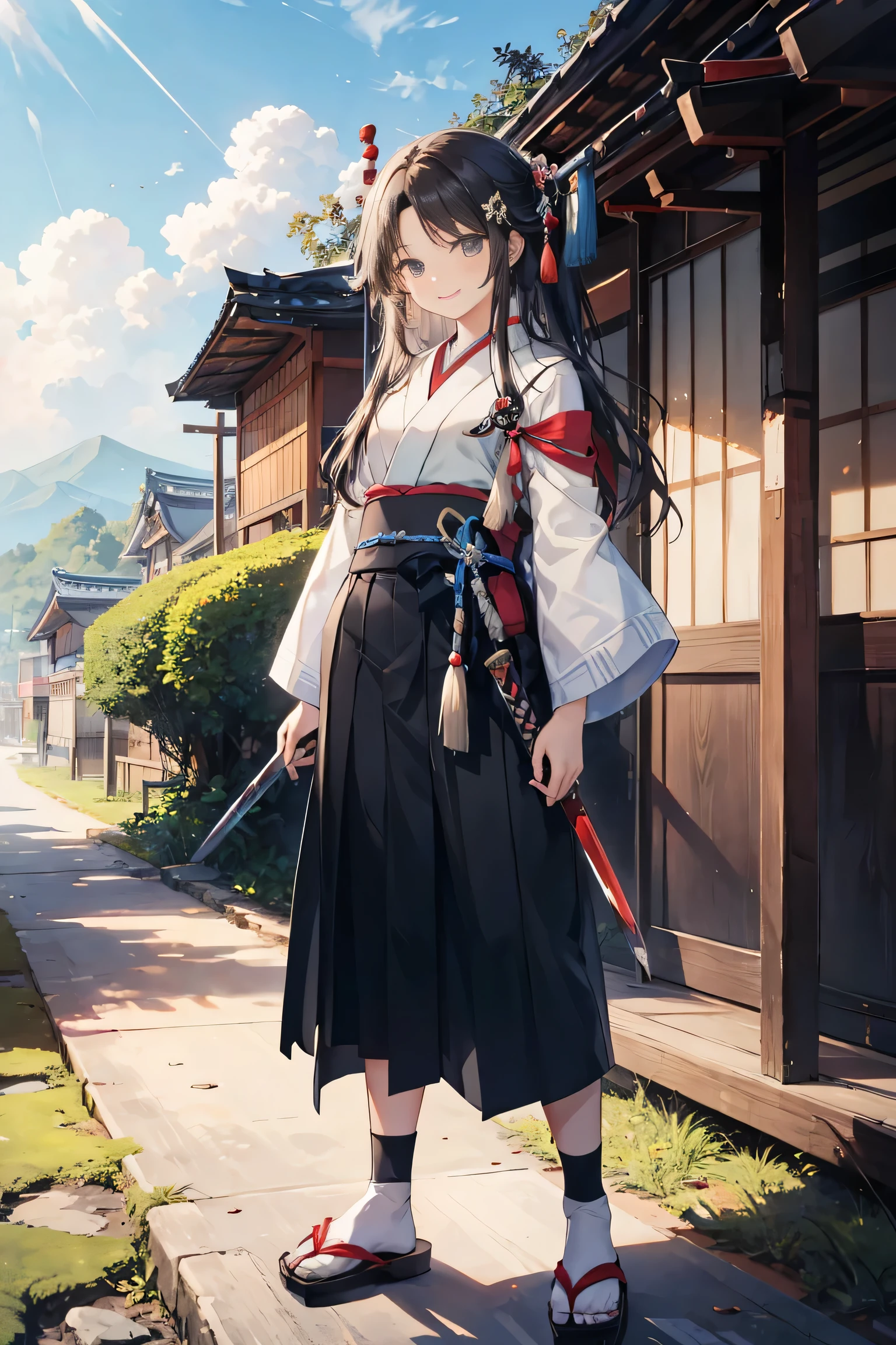 masterpiece, Best Quality, absurderes, Perfect Anatomy, Unity 8k Wallpapers,best anime,shoot from front,cowboy shot,20 year old beauty、boa hancock,black hair,long hair, ,slender body,large breasts,Turn your body to the viewer、waitress,Japanese clothing、Red pleated mini skirt、holding a Japanese sword、A Japanese sword drawn with precision and accuracy、Ready to fight with a sword、outdoor、wilderness、