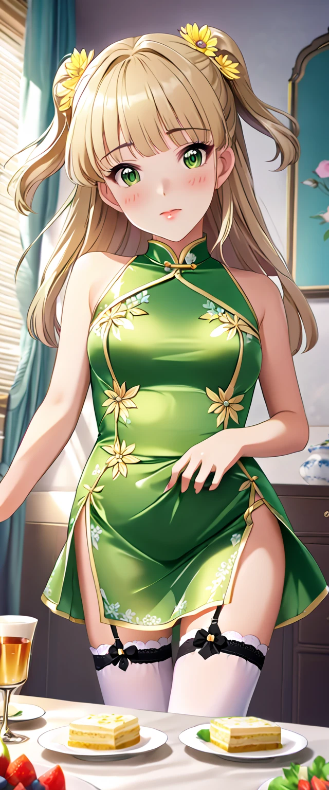  high definition , ,  good lighting , Despicable, , ( I haven't taken off my clothes ), ((( Shiny China Dress ))),( Garter Belt ), cute face, , Humiliating, (()),,  smaller breasts,Petite, blonde hair ,  two side up, bangs,  Hair Ornament,  green eyes