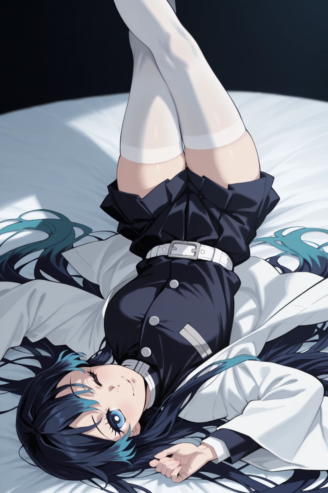 1girl, solo, blue hair, very long hair, blue eyes, white haori, demon slayer uniform, white stockings, sexy legs, wink, sweet pose, 