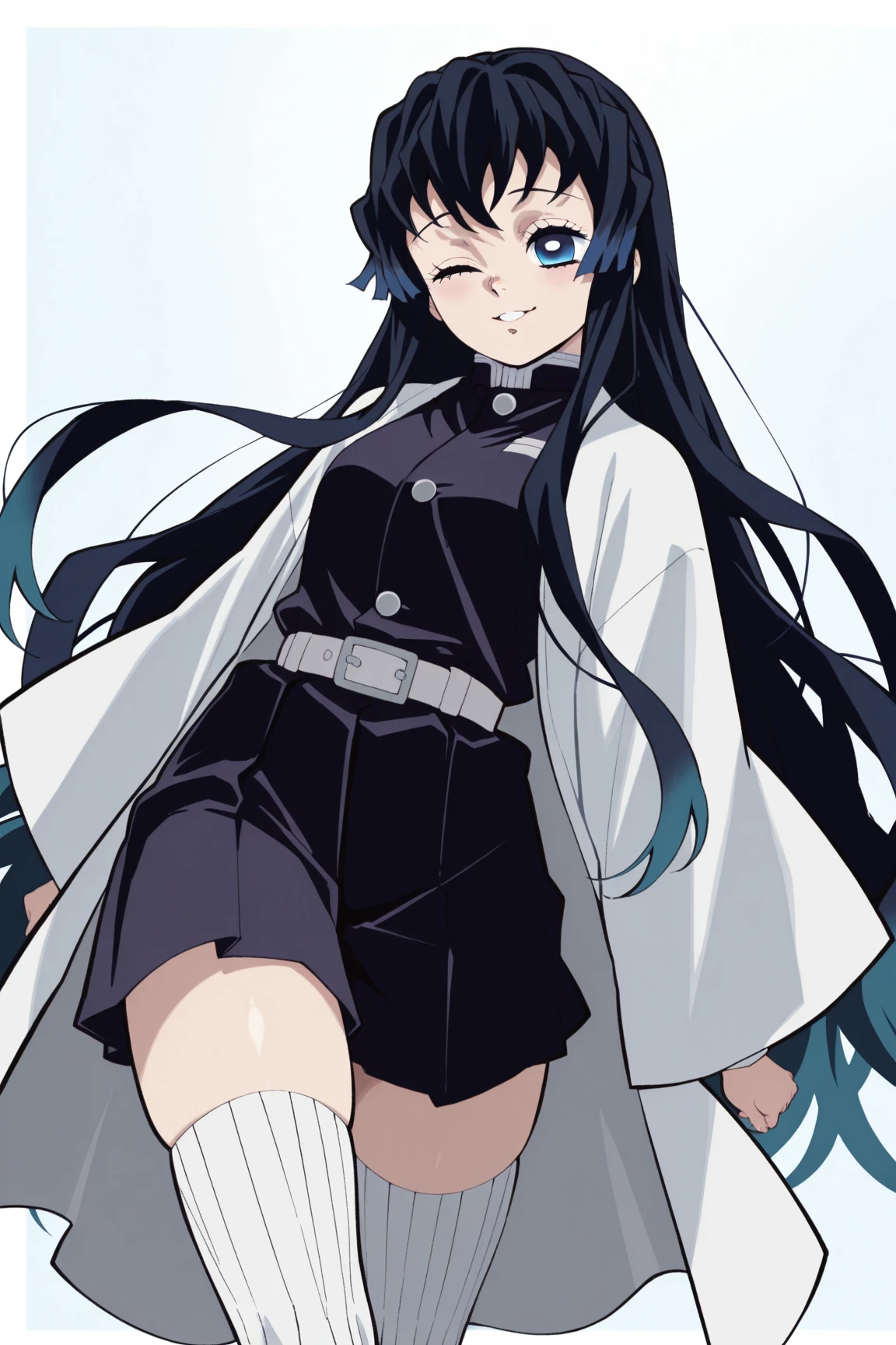 1girl, solo, blue hair, very long hair, blue eyes, white haori, demon slayer uniform, white stockings, sexy legs, wink, sweet pose, 