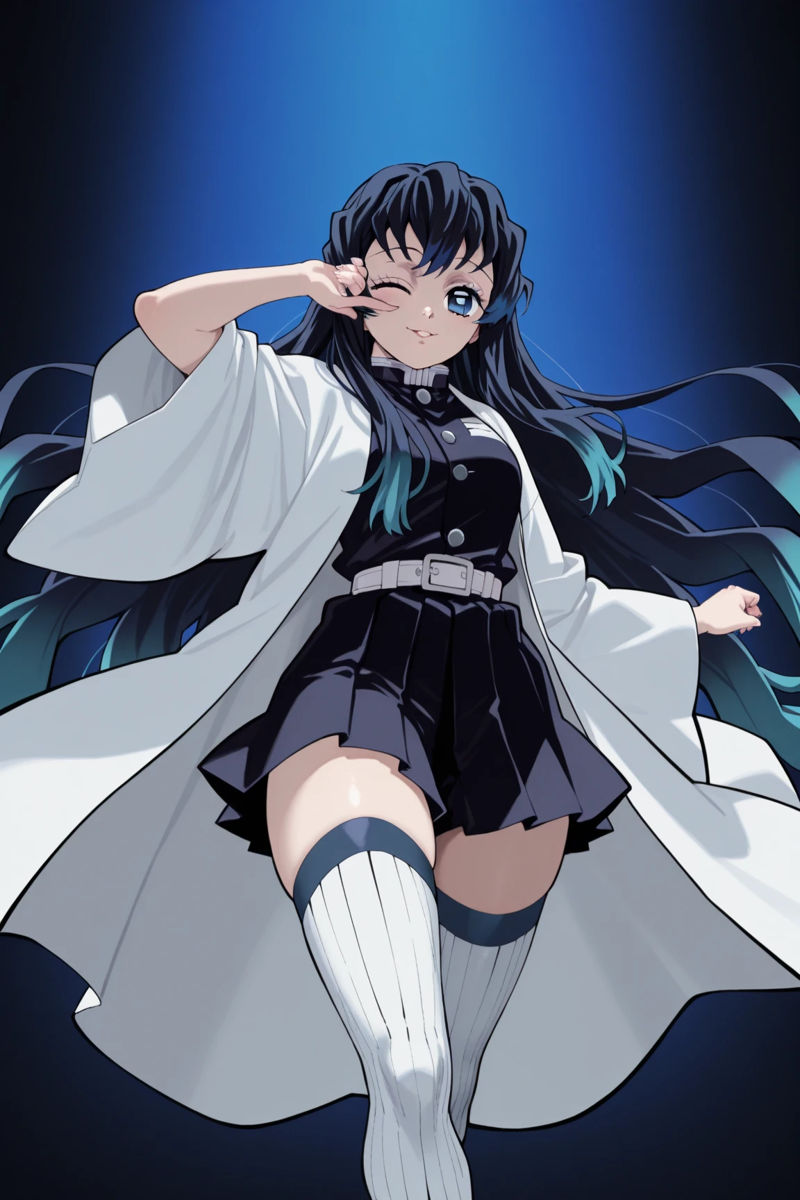 1girl, solo, blue hair, very long hair, blue eyes, white haori, demon slayer uniform, white stockings, sexy legs, wink, sweet pose, 