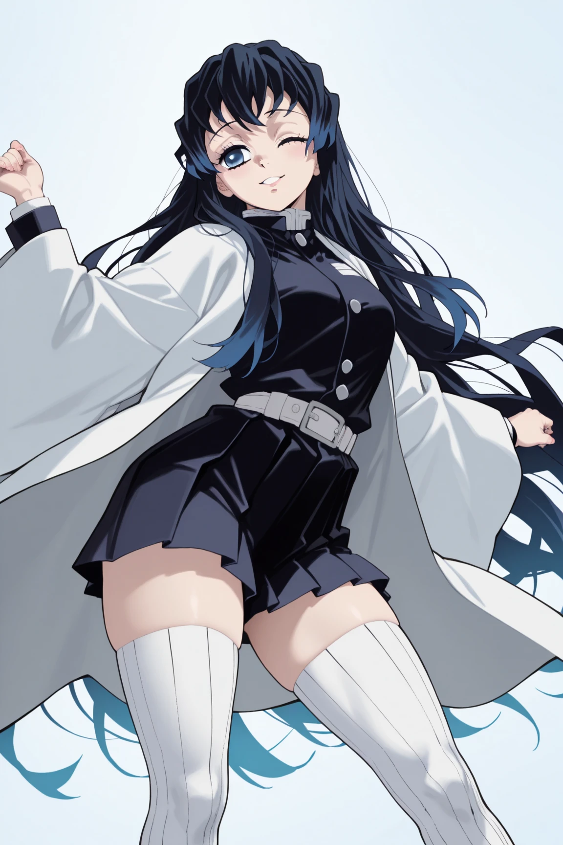 1girl, solo, blue hair, very long hair, blue eyes, white haori, demon slayer uniform, white stockings, sexy legs, wink, sweet pose, 