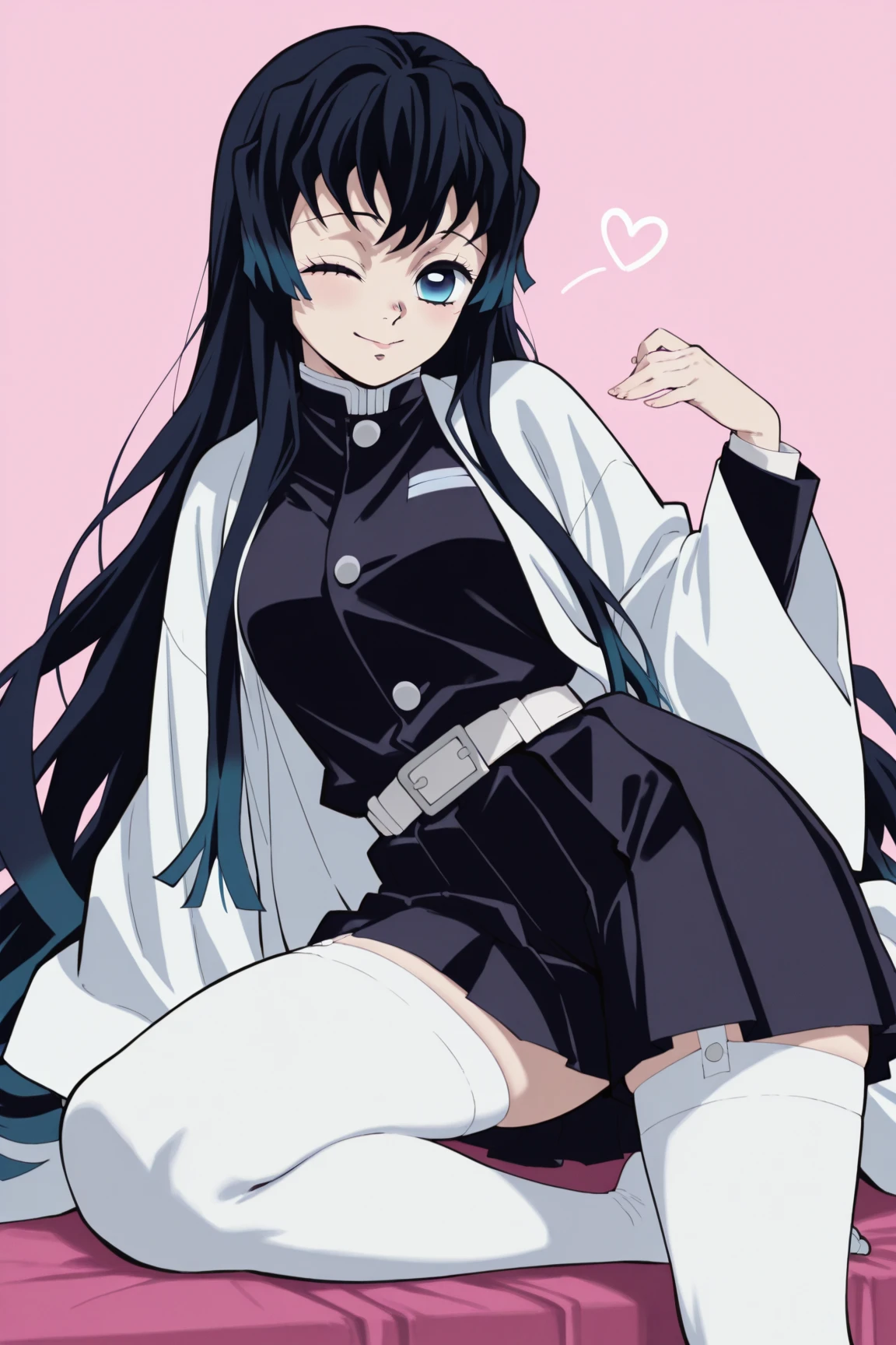 1girl, solo, blue hair, very long hair, blue eyes, white haori, demon slayer uniform, white stockings, sexy legs, wink, sweet pose, 