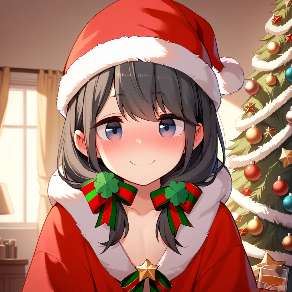  (8k), (  very detailed), (   best illustration  ), . flat chested。 Santa clothes 。 Santa hat。 Christmas hat 。No glasses。
 big red ribbon barrette。 four-leaf clover in hair 。adult。Slightly brown black hair。Shima Rin,。 medium hair。Being drunk。smile。adult。「 let's eat together」I'm inviting you to 。 Christmas tree