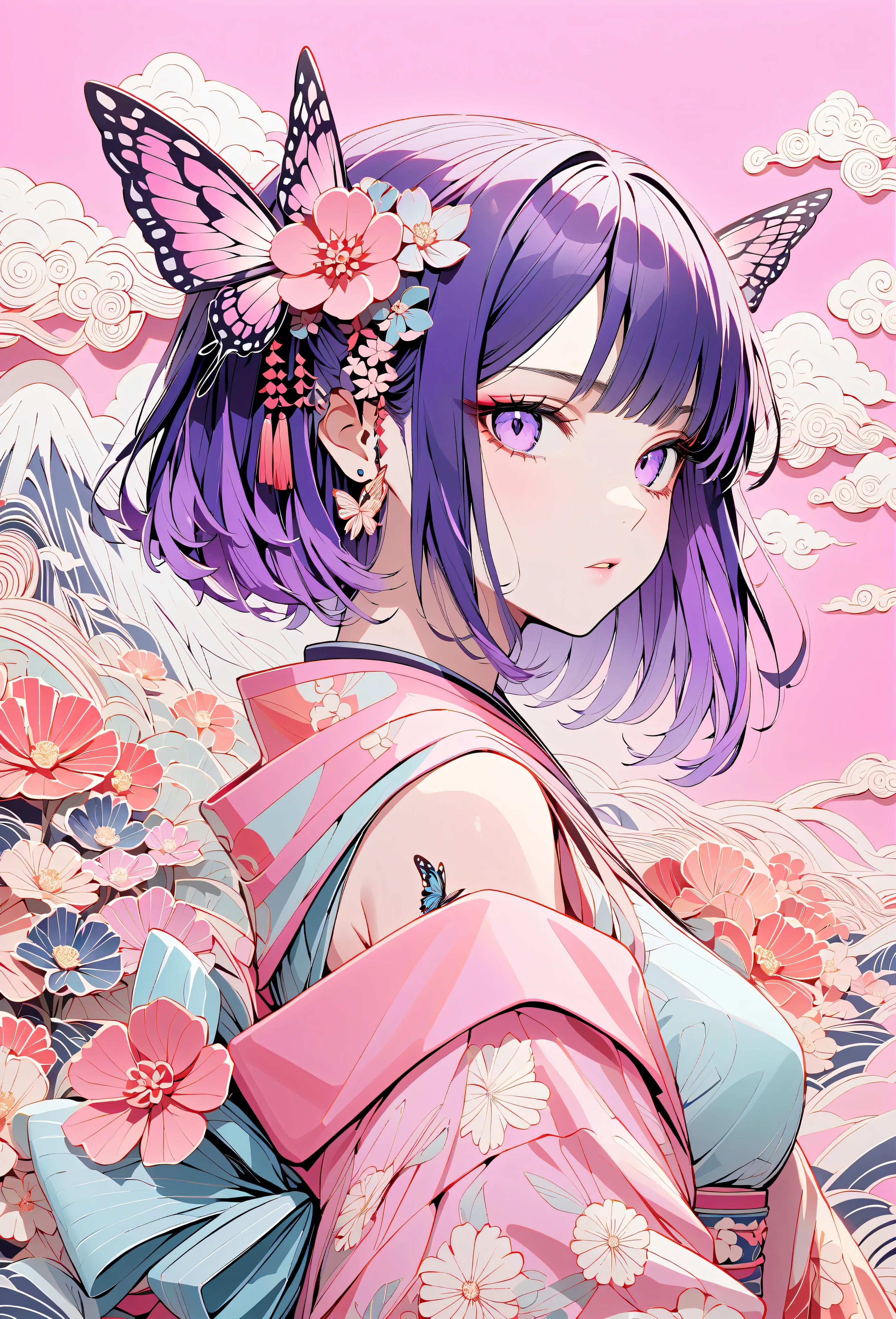 A mesmerizing surreal illustration of a young japanese woman resembling Shinobu Kouchou. She  wears a vibrant pastel colored outfit adorned with intricate floral patterns. She has a smooth, warm complexion, and bold, colorful tattoos cover her arms and legs. The tattoos feature traditional Japanese motifs like flowers and mythical creatures, rendered with meticulous detail in a pastel color palette. The background is a vintage floral-patterned wallpaper that complements the artwork's colors. The line work is precise, with delicate shading that gives the illustration a 3D quality. The artwork fuses modern illustration techniques with traditional Japanese aesthetics, resulting in a visually striking, portrait, Shinobu_Kocho, butterfly_hairpiece, multicolored_hair, purple_hair, black_hair, medium breasts, slender, arms behind back, 
