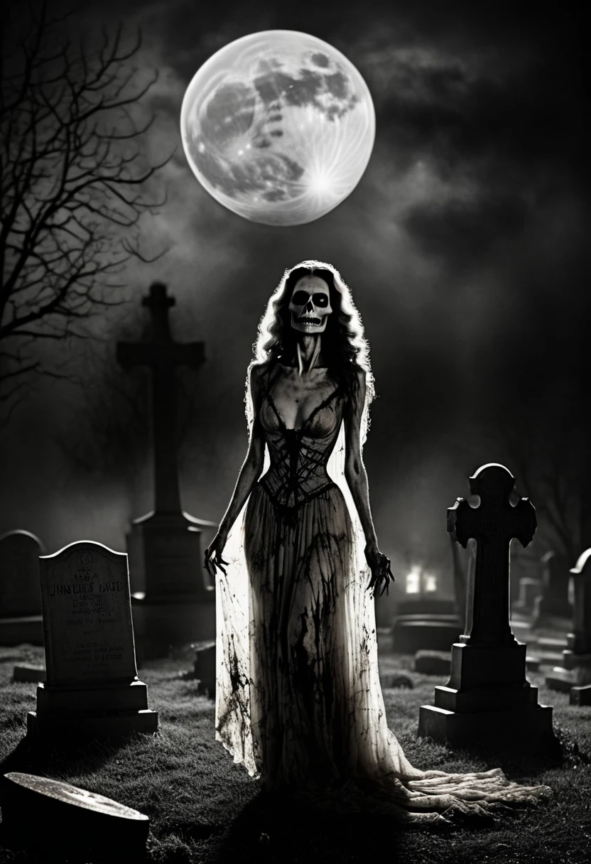 A dark, fog-covered graveyard at midnight, with (a massive, glowing full 

moon in the sky:1.5). In the foreground, (a glamorous, undead woman in a 

torn, flowing dress:1.5) stands motionless among the tombstones, 

illuminated by (a glowing beam of light from a hovering flying 

saucer:1.5) above. The mausoleum in the background emits faint green 

light from its open doorway, while (skeletal hands reach out from nearby 

graves:1.5). Twisted, skeletal trees frame the scene, their branches 

casting distorted shadows onto the foggy ground. (High-contrast black-

and-white film effects:1.2), (grainy textures:1.3), (vintage sci-fi 

horror vibes:1.3).