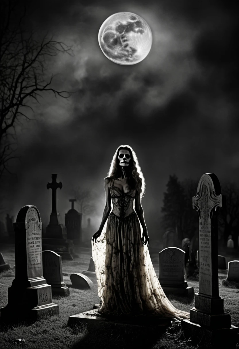 A dark, fog-covered graveyard at midnight, with (a massive, glowing full 

moon in the sky:1.5). In the foreground, (a glamorous, undead woman in a 

torn, flowing dress:1.5) stands motionless among the tombstones, 

illuminated by (a glowing beam of light from a hovering flying 

saucer:1.5) above. The mausoleum in the background emits faint green 

light from its open doorway, while (skeletal hands reach out from nearby 

graves:1.5). Twisted, skeletal trees frame the scene, their branches 

casting distorted shadows onto the foggy ground. (High-contrast black-

and-white film effects:1.2), (grainy textures:1.3), (vintage sci-fi 

horror vibes:1.3).