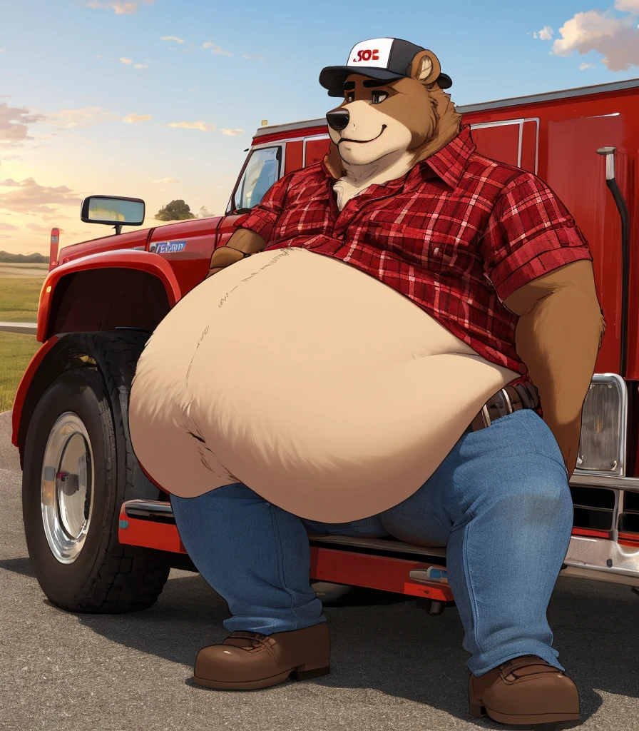 Solo, Fattest Grizzly Bear with unbelievably extremely massive belly, male, hyper belly, trucker hat, red flannel shirt, rolled up sleeves, jeans, belt, work boots, arms crossed, truck stop