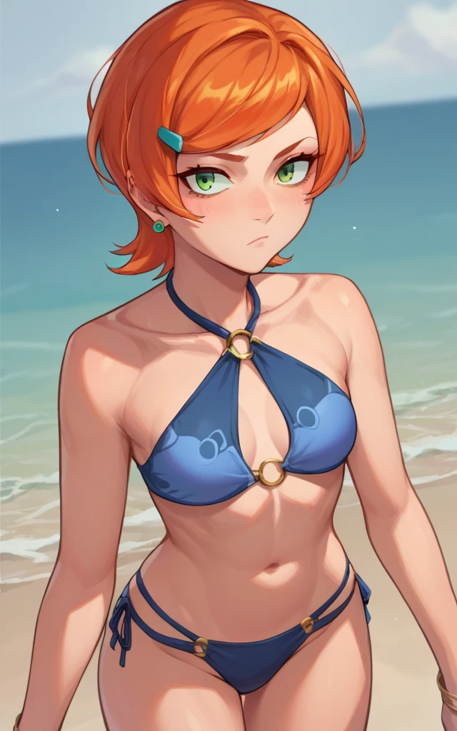 score_9,score_8_up,score_7_up,source_cartoon BREAK GwenSDXL,1girl,short hair,jewelry,green eyes,earrings,orange hair,swept bangs, bikini 