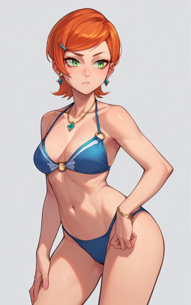 score_9,score_8_up,score_7_up,source_cartoon BREAK GwenSDXL,1girl,short hair,jewelry,green eyes,earrings,orange hair,swept bangs, bikini 