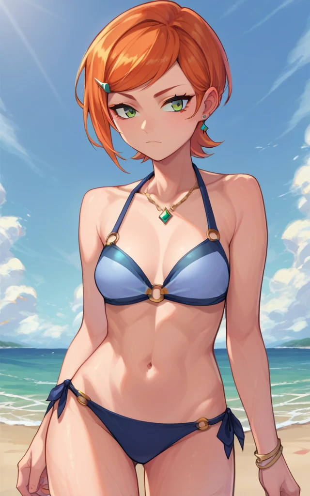 score_9,score_8_up,score_7_up,source_cartoon BREAK GwenSDXL,1girl,short hair,jewelry,green eyes,earrings,orange hair,swept bangs, bikini 