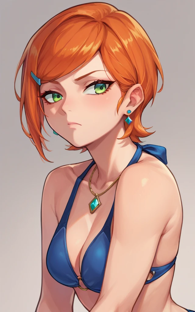 score_9,score_8_up,score_7_up,source_cartoon BREAK GwenSDXL,1girl,short hair,jewelry,green eyes,earrings,orange hair,swept bangs, bikini 