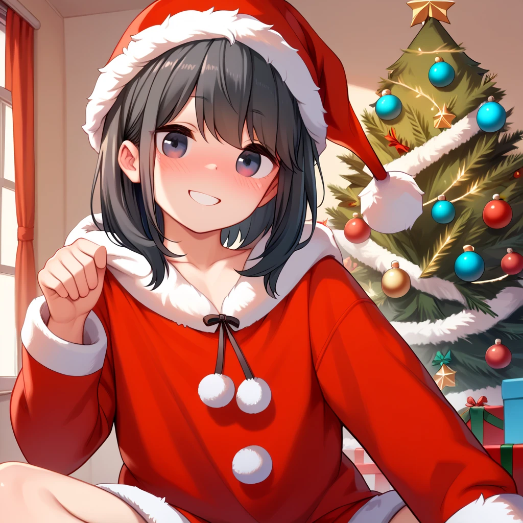  (8k), (  very detailed), (   best illustration  ), . flat chested。 Santa clothes 。 Santa hat。 Christmas hat 。No glasses。
four-leaf clover in hair 。adult。Slightly brown black hair。Shima Rin,。 medium hair。Being drunk。smile。adult。 Christmas tree