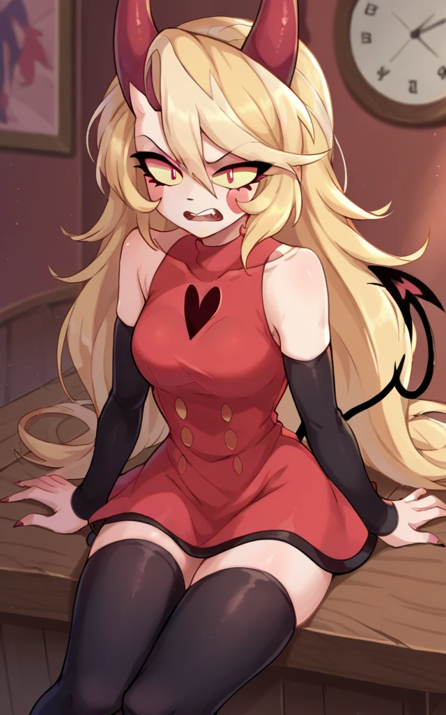 score_9,score_8_up,score_7_up BREAK charliemorningstarSDXL,1girl,red sclera,red eyes,long hair,blonde hair,thighhighs,dress,hair between eyes,bare shoulders,very long hair,tail,detached sleeves,horns,teeth,black sleeveless,black thighhighs,zettai ryouiki,sleeveless dress,blush stickers,short dress,red dress,demon girl,demon horns,demon tail,red horns,turtleneck dress,cowboy shot,room,room background,sitting, v,