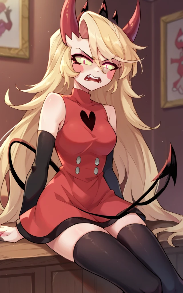 score_9,score_8_up,score_7_up BREAK charliemorningstarSDXL,1girl,red sclera,red eyes,long hair,blonde hair,thighhighs,dress,hair between eyes,bare shoulders,very long hair,tail,detached sleeves,horns,teeth,black sleeveless,black thighhighs,zettai ryouiki,sleeveless dress,blush stickers,short dress,red dress,demon girl,demon horns,demon tail,red horns,turtleneck dress,cowboy shot,room,room background,sitting, v,