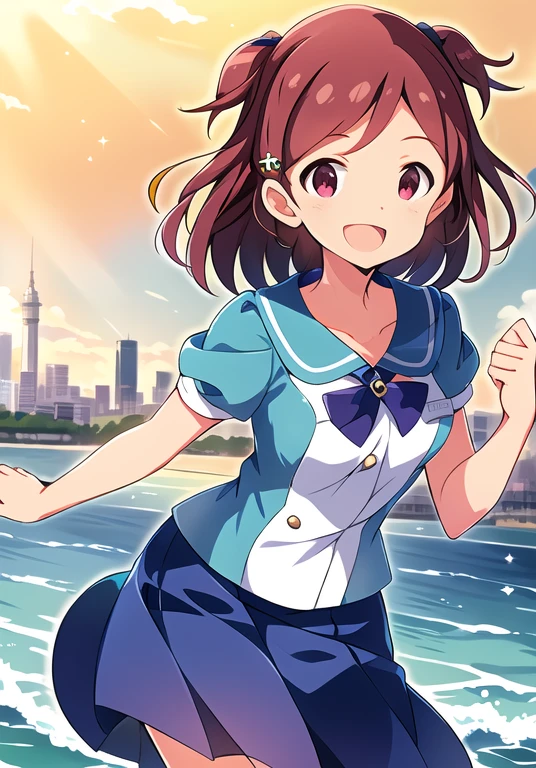 Aoba Misaki ( million people live), ( top quality, 8k,   Masterpiece  ,  super detailed:1.2), sea, day, dappled sunlight,  blue sky, Beautiful Clouds,  gradient sky, boat,  skyline, cityscape, Particles of light,  backlight, Sparkle,
 1 girl, Alone,  skirt, smile,  open mouth, v, looking at viewer, white  sailor collar, blue  shirt,  sailor collar, blue  skirt, pleated  skirt, Short sleeve, :d,  shirt,   school uniform  , , Serafuku , clavicle, bow, ribbon, blue bow, ( star hair clip)