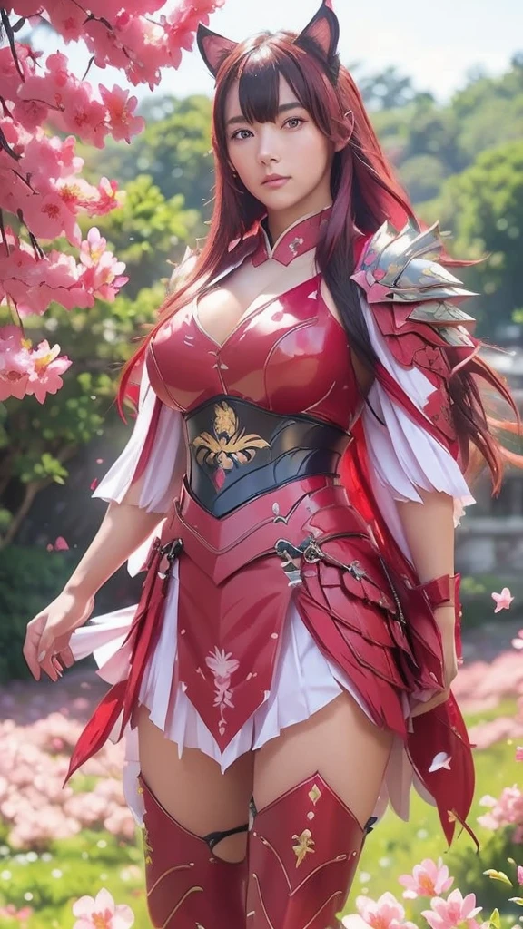 A sexy female character wearing red armor as a warrior from the Warring States period、((realistic))、((Medium long hair))、((Cherry red hair))、((toned body))、(glistening skin)、 tight body、((mega breasts 1.8))、 plump breasts 、 plump thighs 、 The red armor with the Satsuki flower pattern engraved on it is bikini type and is designed to accentuate chest exposure、( Wearing a cape with azalea flower pattern)、garter skirt
、White shin guards engraved with azalea flowers、Red high-cut underwear、Red tights、 absolute domain、((walking style))、Dramatic lighting、Brilliant Hill 、Big Asahi 、((Azalea flowers in full bloom are blooming in the background))、((Large azalea flowers in full bloom are blooming on the front))、 cinema-like scene 、((Background Japanese Satuki azalea)) 、((foreground Japanese Satuki azalea))、 Max Image、 Ultra High Definition、8k、masterpiece、crisp quality、