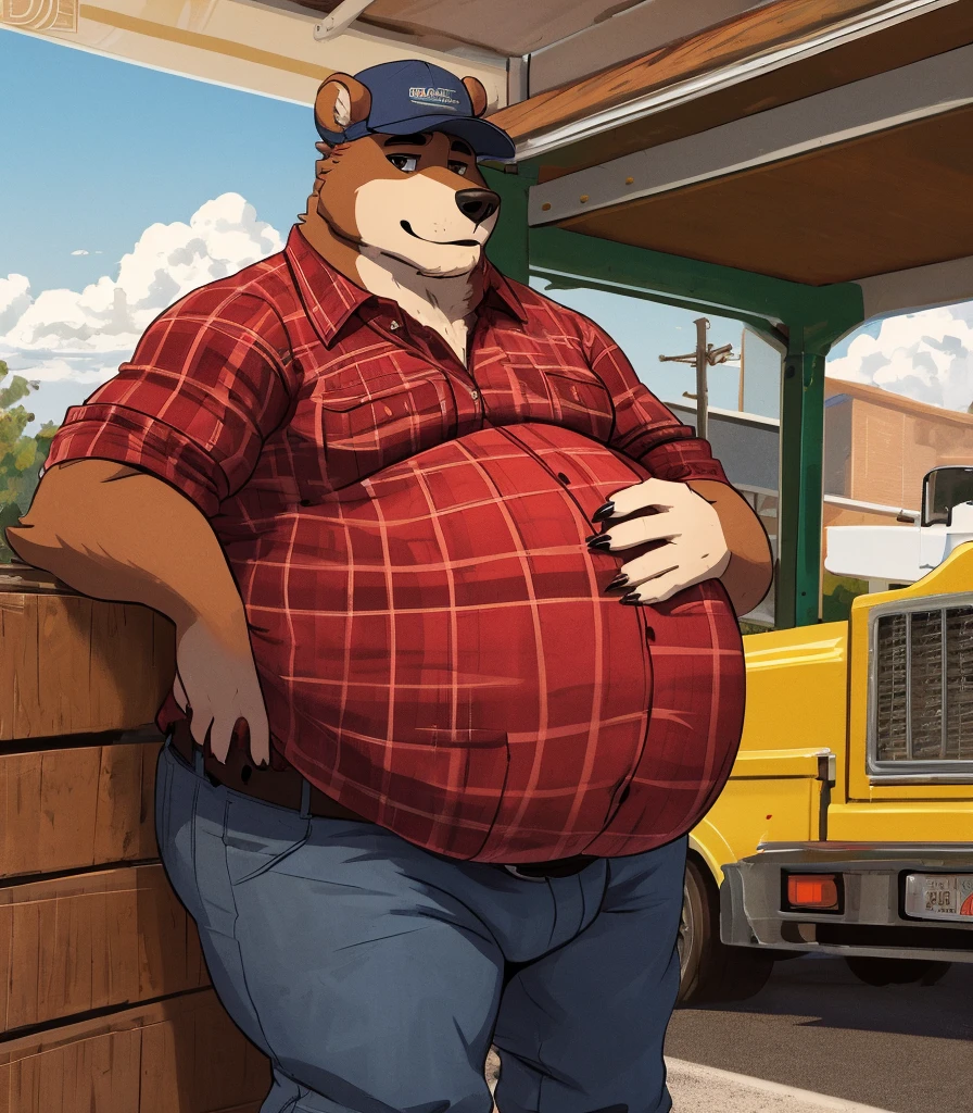 Solo, Fattest Grizzly Bear with unbelievably extremely massive belly, male, hyper belly, trucker hat, red flannel shirt, rolled up sleeves, Blue jeans, belt, work boots, arms crossed, truck stop