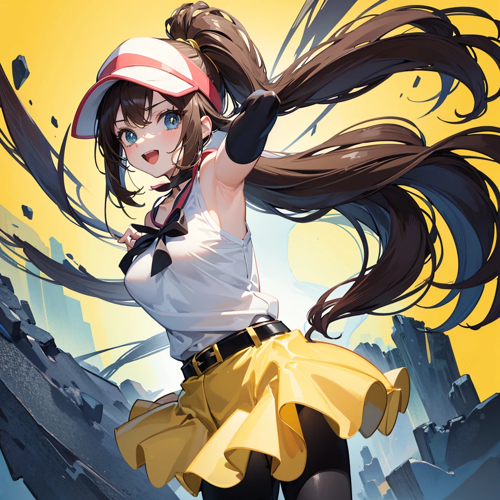 masterpiece, best quality, cowboy shot, ro1, hug, hair bun, blue eyes, twintails, visor cap, pantyhose, raglan sleeves, yellow skirt, crop-top, pink bow, wristwatch, (colorful), volumatic light, bust shot, extremely detailed CG unity 8k wallpaper,intricate, castle, sky, cloudy_sky, fantasy, windy, sun light, big chest, cleavage, full body chest, Grab your own breasts, One girl, masturbation from below, Grab your own breasts, Spread your legs, Raise your legs, pink panties