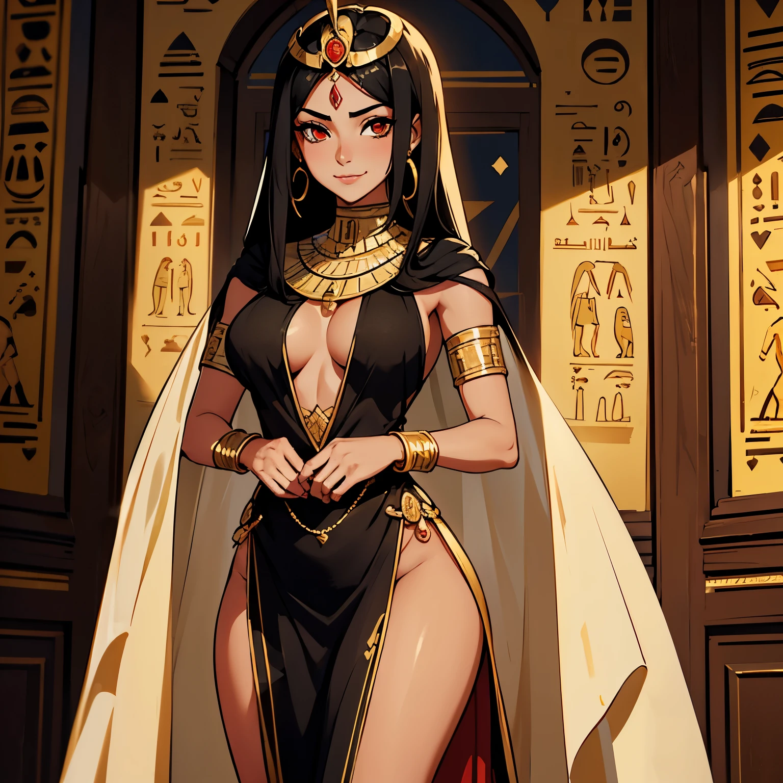 A young Egyptian woman, single woman, tan skin tone, brown-red eyes, long black hair, slim toned body, wearing gold jewelry, light makeup, wearing an Egyptian dress/kalasiris in Egypt as the Empress, fully clothed, dress covers her body (setting: Ancient Egypt, 2528 B.C,) (expression: cute and mischievous smirk) (best quality) (masterpiece) with an unparalleled masterpiece