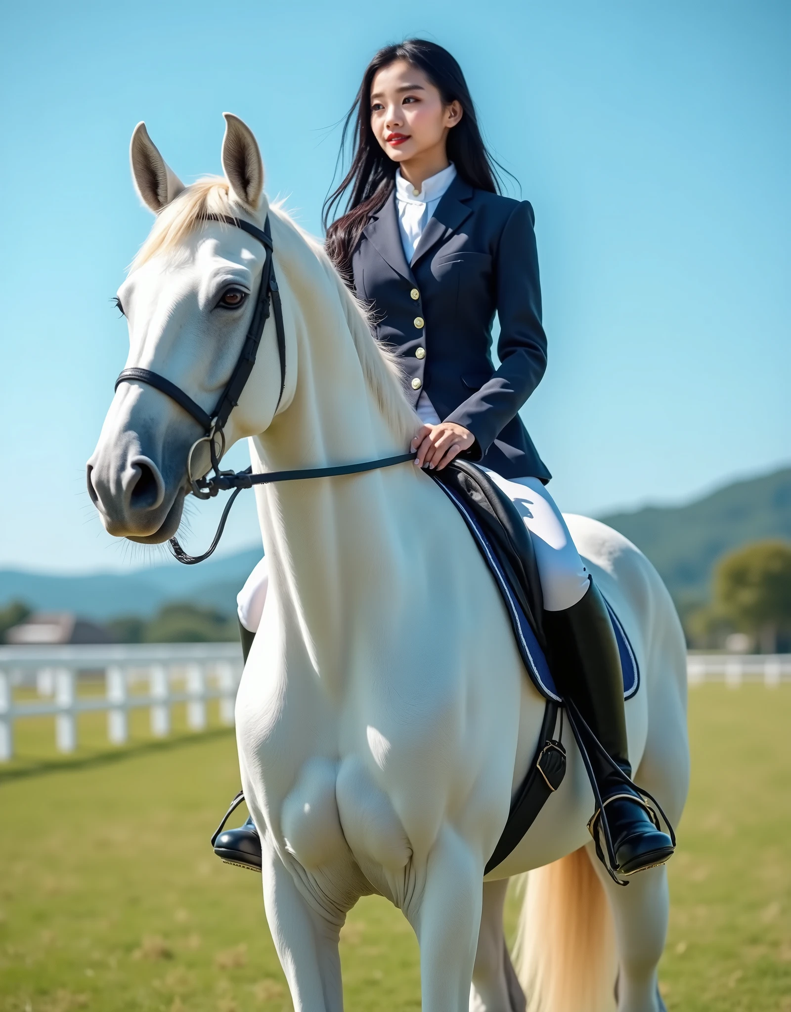 ((Lifelike Full Body Close-up Photos))(( Super realistic detailed facial expression ))(Optimal lighting, best shadow , masterpiece, High Quality ), colorful, Vivid Color , Summer Mood , lots of bright colors , a Japanese woman wearing standard equestrian attire, Black and long hair , She is sitting on a tall Arabian white horse ,(( Hokkaido North National Racecourse in Japan )) bright blue sky .Wuthering Meadow .
