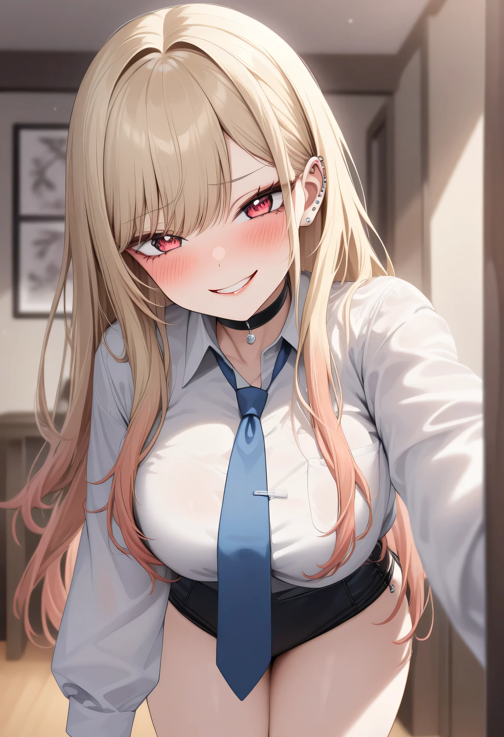 (masterpiece, Highest quality, Very artistic, Super detailed, Intricate details), One girl, Kitagawa Umi, Kitagawa Marine, The Doll Falls in Love, sono bisque doll wa koi wo suru, Long Hair, Beautiful blonde, Red eyes, Ear piercing, Barbell Piercing, Black choker, Collared shirt, White shirt, Blue tie, smile, Grin, Upper Body, Looking at the camera, turn around, boobs out, smug, blushing, lip filler