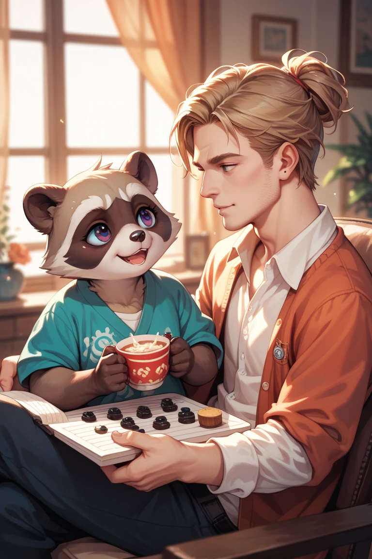 2 characters, a raccoon with female eyes ,  and a panda with male features , best friends, playing, agarrados de la mano best friends, 