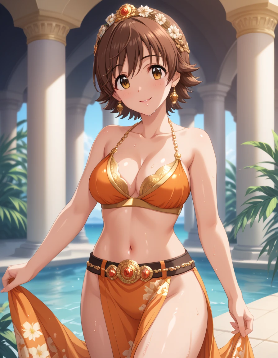 In ancient palace,1 girl is walking.honda mio,oiled skin,blush,smile,bare arms,collarbone,cleavage,navel,groin,bare thigh,her face is blush,beautiful girl, cute girl,hyper_beautiful_detailed_game_CG ,source_anime, A beautiful young girl standing gracefully, wearing a simple, ancient African-inspired orange outfit. The outfit is modest yet elegant, made from natural, earthy fabrics with geometric patterns and a belt made of beads and woven fibers. A woman stands confidently in the lush garden of a magnificent palace, with a strong yet graceful posture. Her brown hair is adorned with vibrant flowers that complement her regal look. Her eyes, sharp and determined, convey a sense of both power and compassion. The surrounding tropical landscape is bursting with vivid colors, where the sunlight bathes the scene in a warm, golden glow.,oiled skin,score_9,score_8_up,score_7_up,score_6_up,shiny skin,wet skin
