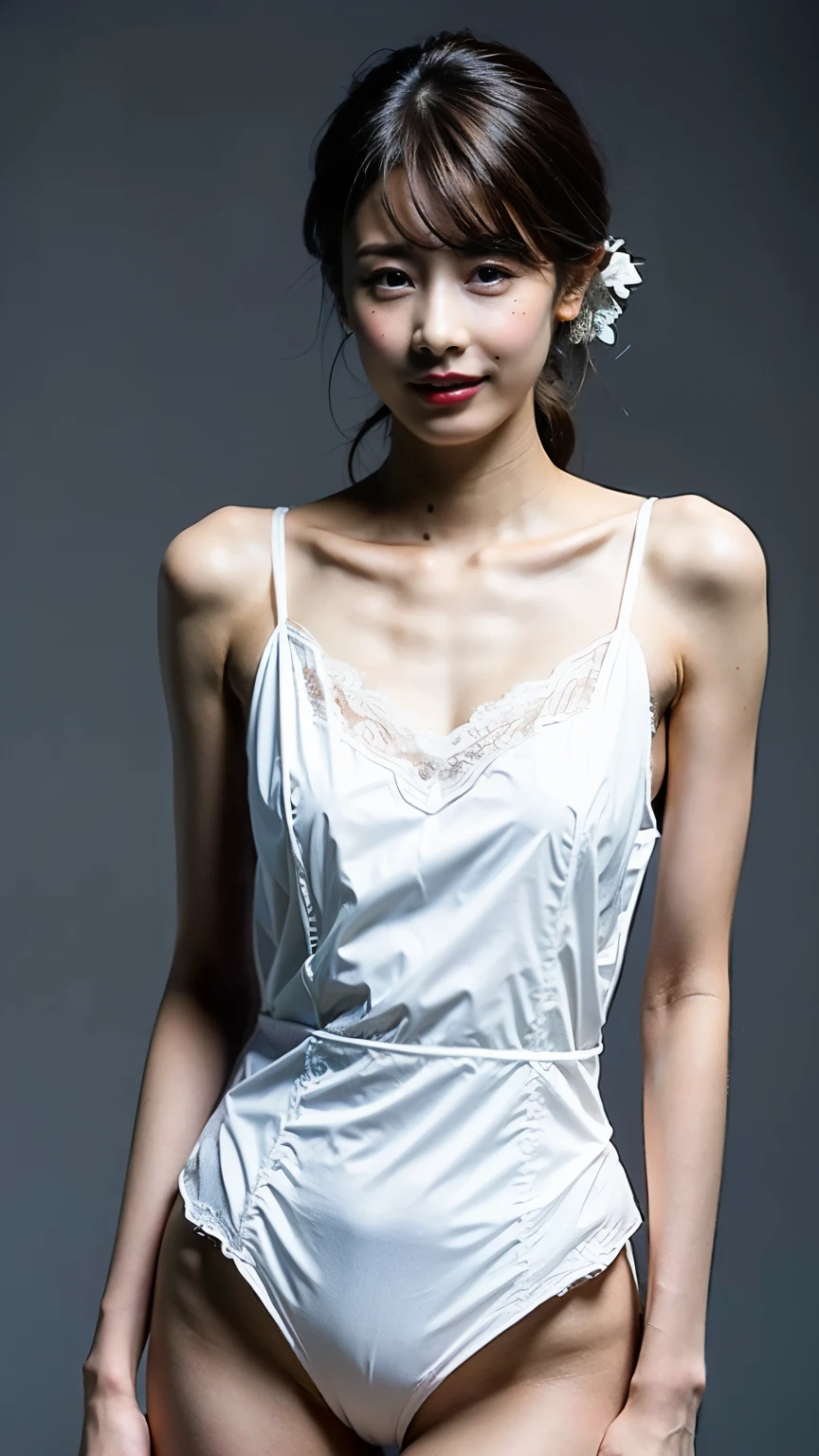 best quality,masterpiece,ultra high resolution,(In fact:1.4),original photo,ultra high resolution,8k,There are also women,fair skin、See-through white lace mini dress,high heel,long legs:1.5,Bright and beautiful,high waist,Gorgeous makeup using red eye shadow,gray background,
