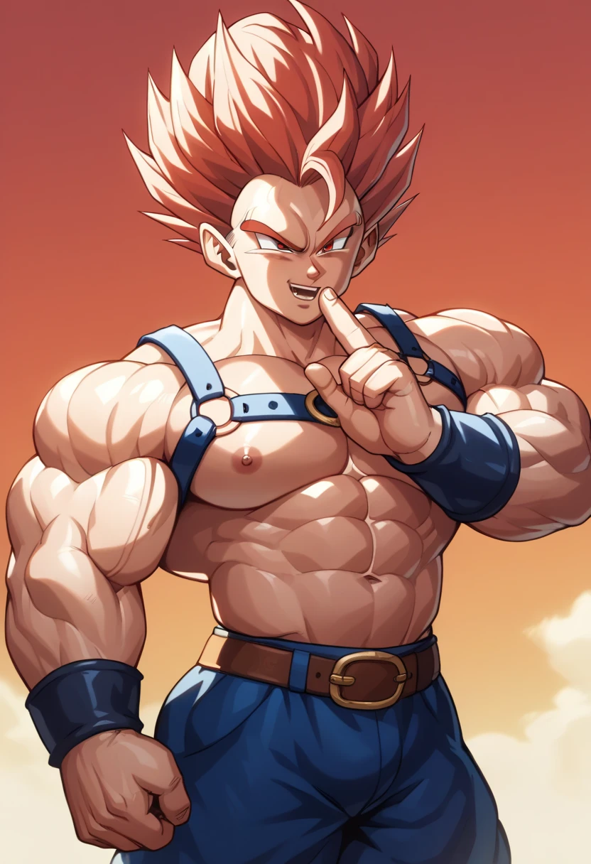  top quality,Anatomical, Big Muscles , Vegeta and Kogenta mix,Demon Body,Sexually attractive gestures,shiny skin, growing skin, taken over by the devil , He smiles wickedly ., armband, bracers,Harness,gigantic penis,supersaiyanaura,