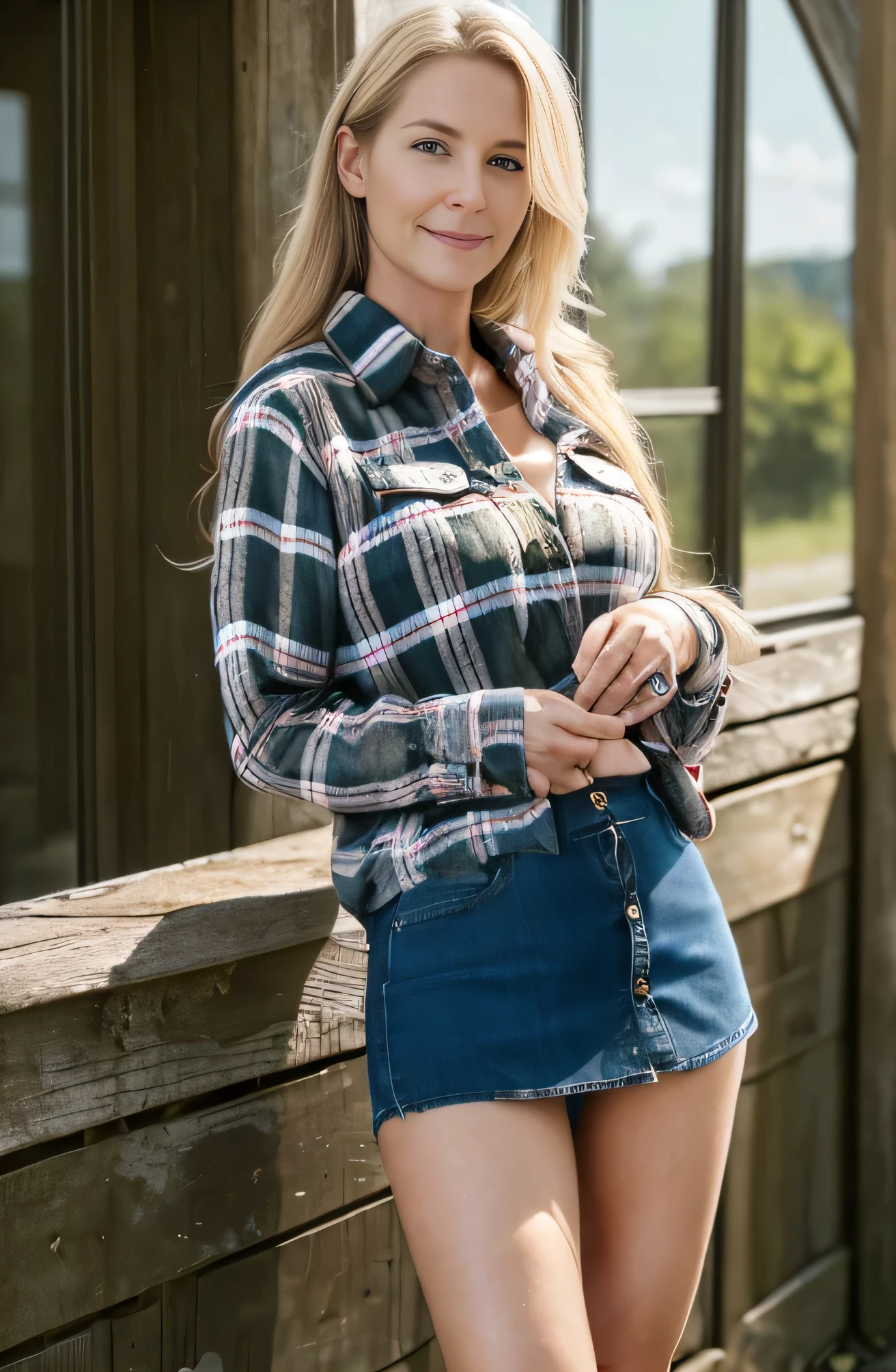 (((35 year old German woman:1.2))), NSFW, ((country wife:1.23)), ((shy smile)),intelligent face,(((glass:1.25))), ((blonde hair)),((( long hair))), average hairstyle,average beautiful, ((Background rural meeting place:1.2)), (((Flannel shirt:1.47))), jeans miniskirt, (( open your chest :1.35)),  (((visible average bra))),(((jeans mini skirt:1.35))), high quality, high resolution, cinema lighting, soft light shining on the face, portrait, superlative, superlative realism, RAW, RAW,(((outdoor))), (((working pose))),(((upper_body zoom up)))