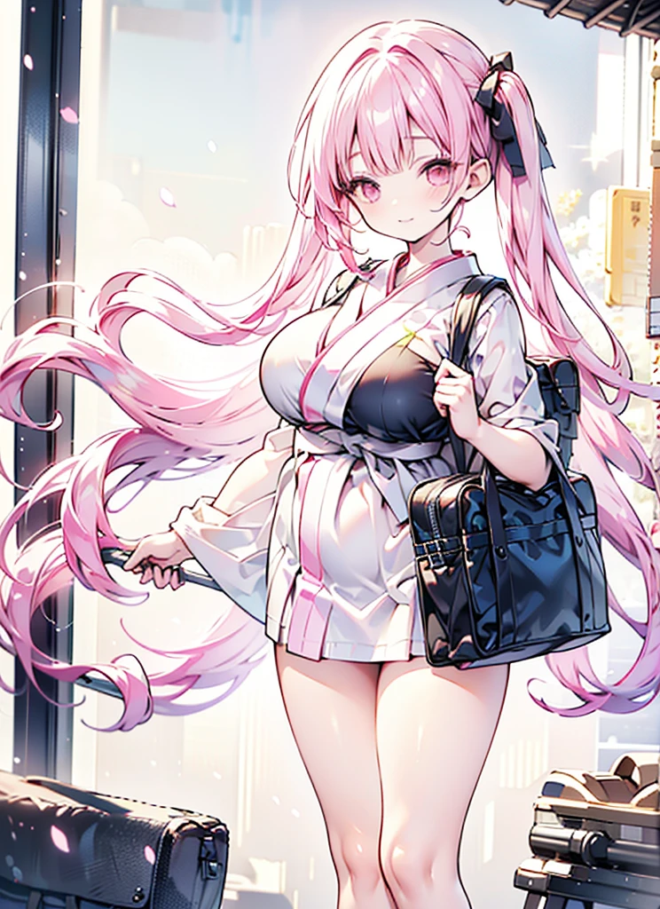   pink kimono　pink hair side hair long　 high heels　student bag
Shoulder bag　 plump thighs 　Around town　outside　
 Big Breasts , ribbon,  high definition , accurate,  High Definition Model,  High Details ,  High Quality ,  textured skin,  Ultra High Definition,  retina,   kimono
And  