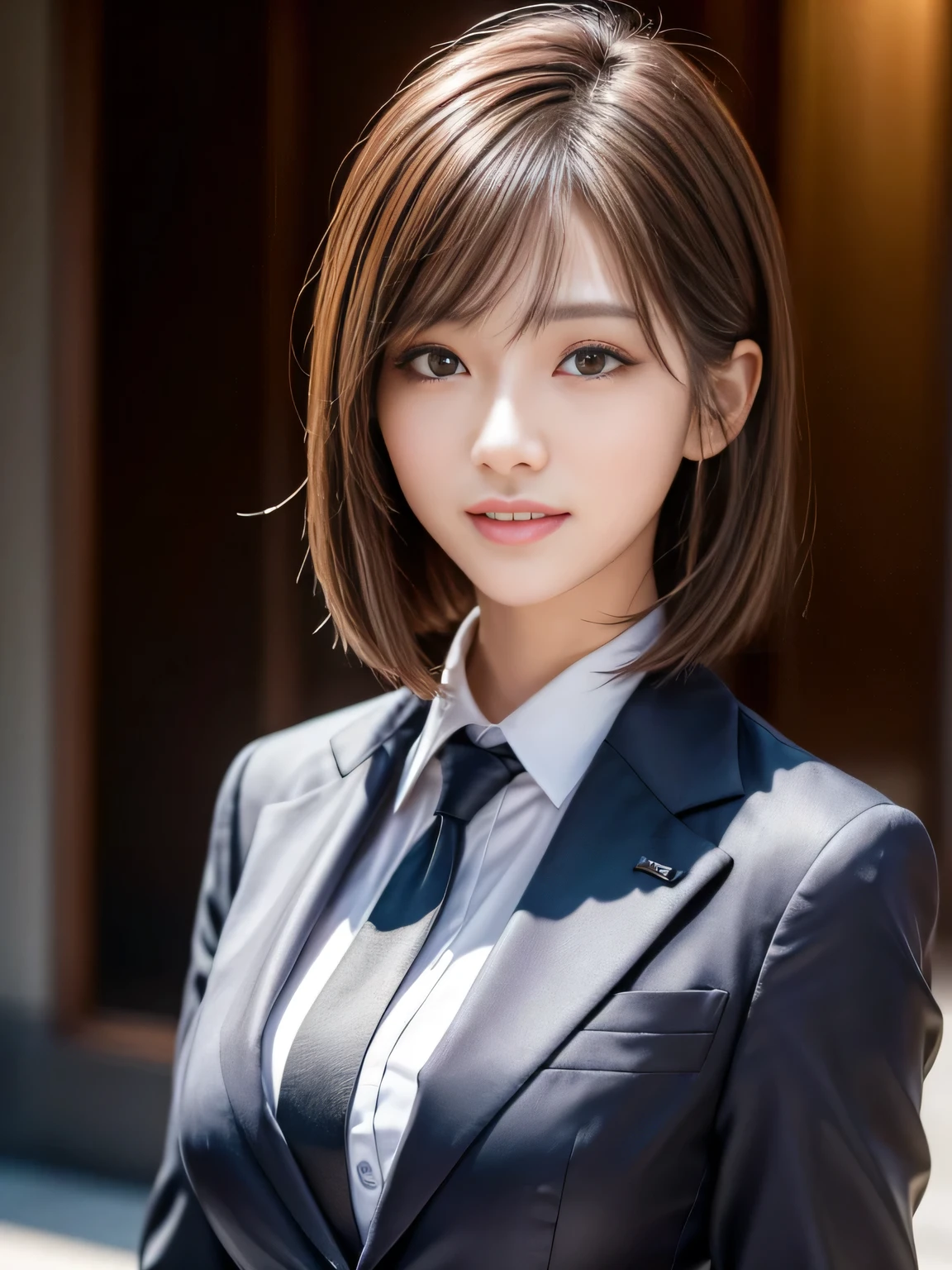 Attractive Japanese woman Pictures, Cute and sexy, masterpiece, best quality, ultra-detailed, intricately detailed hyperdetailed, realistic, sharp features, highly detailed, sharp focus, Realistic, Photorealistic:1.3, perfect face, perfect symmetrically eyes, perfect full lips, hyper detailed, hyper realistic, high resolution, Korean idol, fascinate, Beautiful Face, ((Business Suit:1.2)), light brown hair, short hairstyle, (looking at viewer), (ISO800 135mm f1.8 1/160), blurred background, Well-rounded and pretty face, (seductive smile:1.2),

