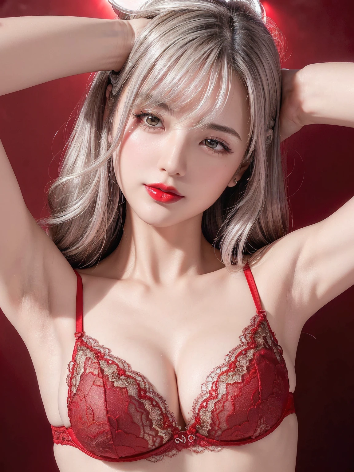  1 Woman ,  Up Hair, (Ultra  realistic ,  high definition ), ( extremely detailed eyes,  I'm particular about the details of my hair ,  Highly Detailed Faces,  very detailed plump lips), (), Chest,  upper body, Looking for a Smile, ( for light, thin hair color:1.4),  RAW photo, ( realistic , photo- realistic :1.37),  Professional Photography 、 have sex, Cinematic Light, ( beautiful face: 1.2),(((1.5)))、Mid shot photo 1.4、(((小さいChest1.5)))、 slim figure、((( Eye Shadow 、Red lipstick)))、Glowing Skin、 growing skin、 shiny hair、 red background 、 red lace pattern see-through bra、(((Put your hands on your head1.5)))、Shooting from a 45 degree angle、