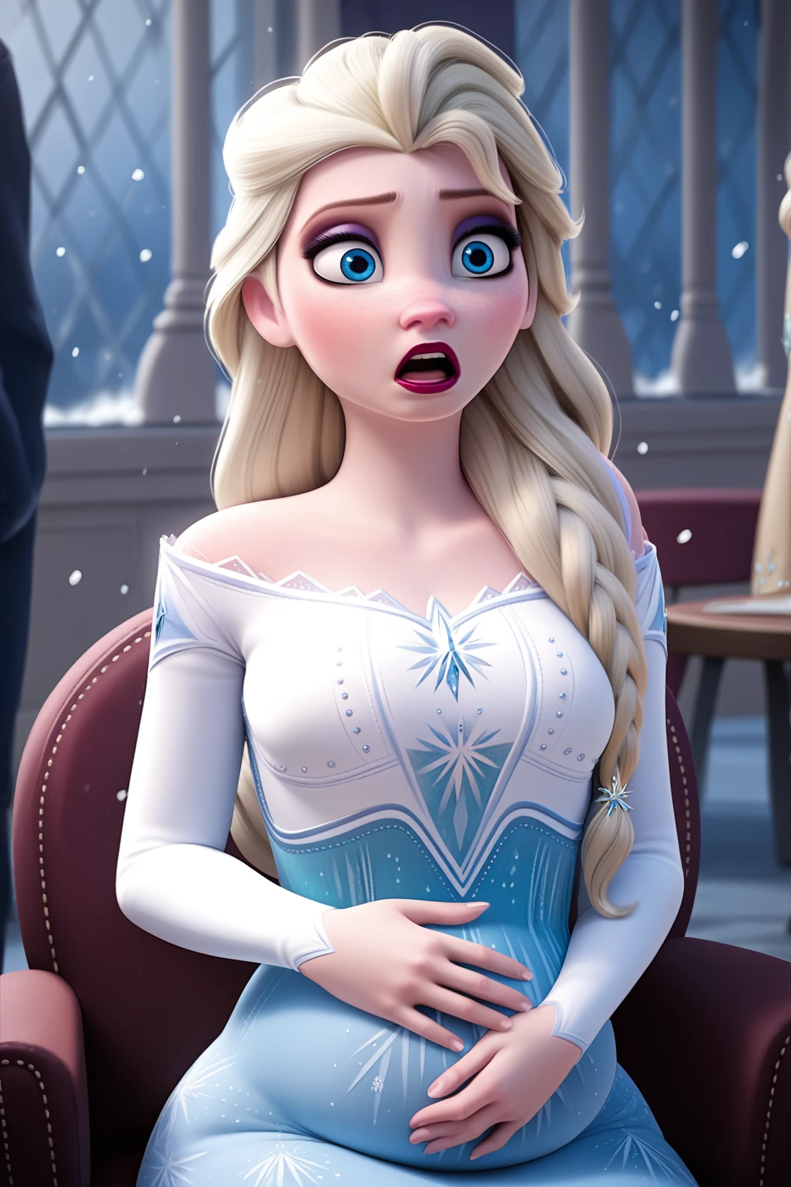 score_9, score_8_up, score_7_up, score_6_up, score_5_up, score_4_up, BREAK
1girl, Tall elsa \(frozen\), Tall Height, Prominent Neck, plump body, belly, blonde hair, hair over shoulder, long hair, blue eyes, long nose,
makeup, white tight dress, surprised, focused eyes, red lips, looking at stomach,
hand on belly, straight nose, snowing, sit on the chair, close up, Arendelle streets background  