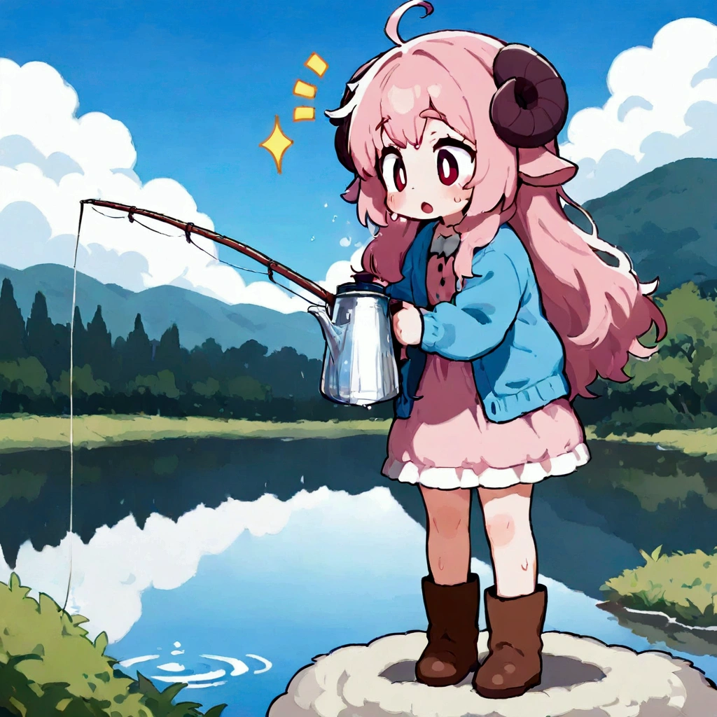 score_9, score_8_up, score_7_up, source_anime, (masterpiece:1.3, best quality:1.3, 8k,  highres icon:1.3, good anatomy), 1girl,  pink fluffy long hair holding a water jug\ Fluffy Long Hair, Sheep&#39;s round horns, Thick eyebrows, Surprise, sweat,  Pink Dress ,  sky blue cardigan ,  brown boots , fishing, giant fish, lake, cute