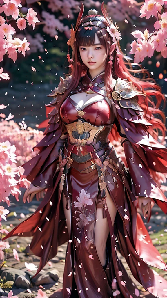 A sexy female character wearing red armor as a warrior from the Warring States period、((realistic))、((Medium long hair))、((Cherry red hair))、((toned body))、(glistening skin)、 tight body、((mega breasts 1.8))、 plump breasts 、 plump thighs 、 The red armor with the Satsuki flower pattern engraved on it is bikini type and is designed to accentuate chest exposure、( Wearing a cape with azalea flower pattern)、garter skirt
、White shin guards engraved with azalea flowers、Red high-cut underwear、Red tights、 absolute domain、((walking style))、Dramatic lighting、Brilliant Hill 、Big Asahi 、((Azalea flowers in full bloom are blooming in the background))、((Large azalea flowers in full bloom are blooming on the front))、 cinema-like scene 、((Background Japanese Satuki azalea)) 、((foreground Japanese Satuki azalea))、 Max Image、 Ultra High Definition、8k、masterpiece、crisp quality、