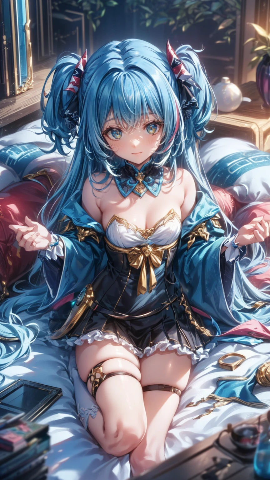 (Beautiful detailed eyes,Beautiful detailed lips,extremely detailed eye and face,longeyelashes,Cute girl in ribbon uniform,Cute uniform,Blazer,laughing loud,attractive girl,Best Quality,busty,masutepiece:1.2,stunning figure,Erotically cute,Ultra-high resolution,Gorgeous girl,Lovely girl,Multi-colored hair,Relaxation Socks,High resolution,gorgeous eyes,Perfect beauty) (masterpiece、top-quality、top-quality、watercolor paiting(Curly)、Official art、Beautifully Aesthetic:1.2)、(2girl with:1.3)、(Fractal Art:1.3)、The upper part of the body、From Side、looking at the viewers、patterns、(rainbow-colored hair、colourful hair、Half blue and half pink hair:1.2)、4This refers to、Thumb joint、Eau、gases、云、colourfull、Soap bubbles、Deep kissing