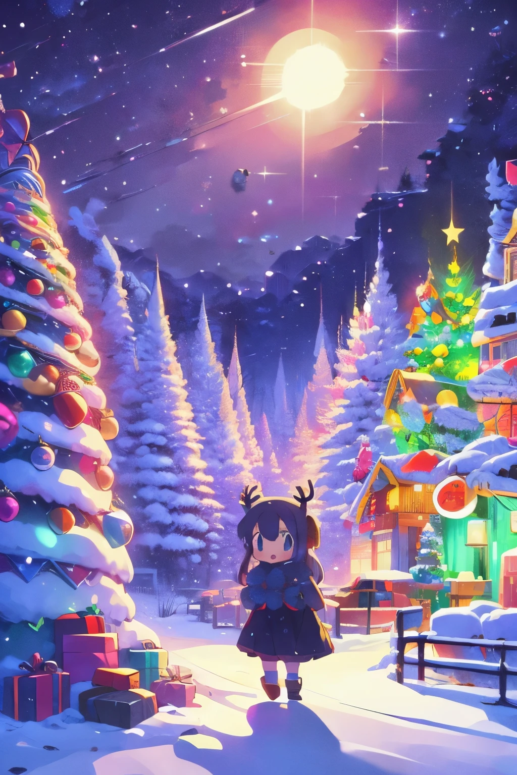  white christmas,  Big Christmas Tree , a Spheal and a girl,  Cute girl in a skirt in a fur coat looking up at the tree,  Night Illuminations, Depiction of light,  top quality,  high definition ,  anime style, Snowy Townscape ,  Flying Sleigh with Santa Claus pulled by reindeer 