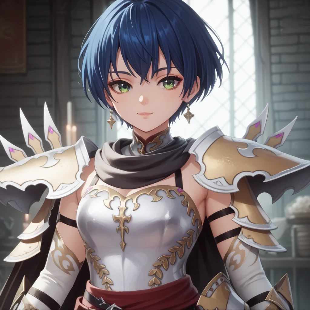  score_9, score_8_up, score_7_up, score_6_up, score_5_up, score_4_up, 1girl, blue hair, short hair, green eyes, armor,  cute、 anime style