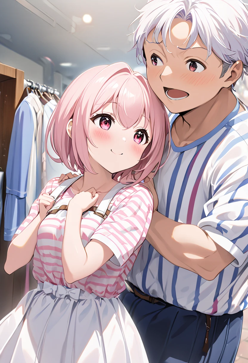  top quality、 anime painting、Round eyes 、 very young girl 、 very small breasts 、Long neck、Very thin body、Very slim legs、Glossy Light Pink Hair 、 、 short haired 、pink and white striped shirt 、 white miniskirt 、 I wear a white pouch over my shoulder、 apparel shop with clothes lined up、 1 middle-aged man、A man clings to a girl、excited man、Open your hands、smile、blush