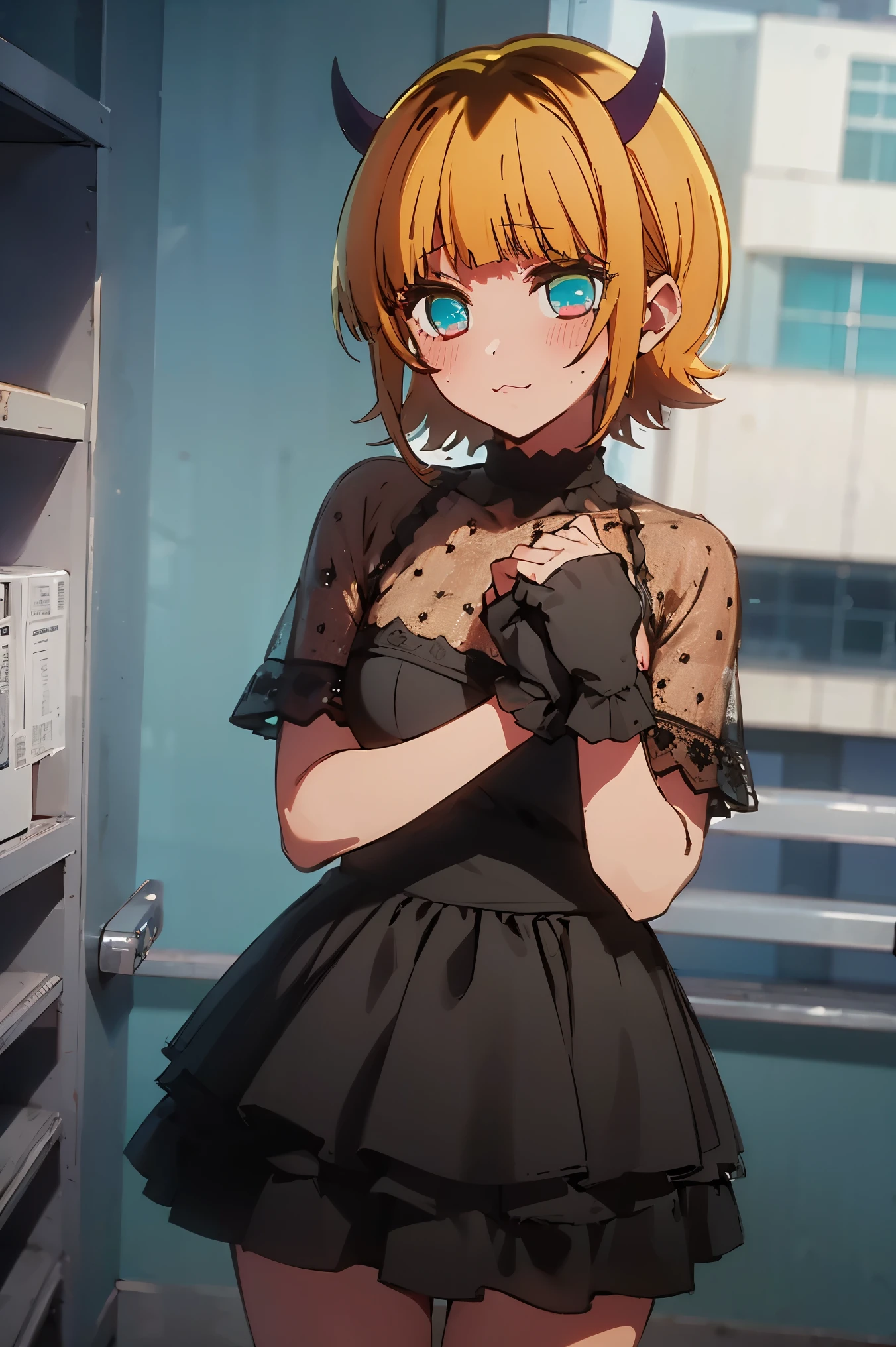 NSFW,masterpiece, top quality, high definition , very detailed ,Memucho, short haired 、 blonde hair 、 multicolor hair 、Aqua Eye、 dull bangs、horn, idol costume , dress,blush