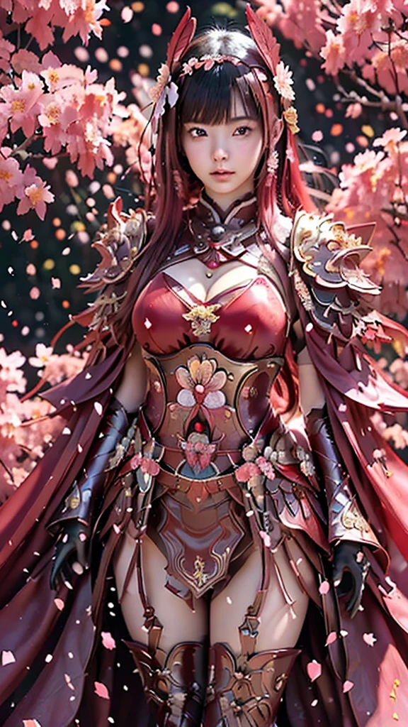 A sexy female character wearing red armor as a warrior from the Warring States period、((realistic))、((Medium long hair))、((Cherry red hair))、((toned body))、(glistening skin)、 tight body、((mega breasts 1.8))、 plump breasts 、 plump thighs 、 The red armor with the Satsuki flower pattern engraved on it is bikini type and is designed to accentuate chest exposure、( Wearing a cape with azalea flower pattern)、garter skirt
、White shin guards engraved with azalea flowers、Red high-cut underwear、Red tights、 absolute domain、((from below))、Dramatic lighting、Brilliant Hill 、Big Asahi 、((Azalea flowers in full bloom are blooming in the background))、((Large azalea flowers in full bloom are blooming on the front))、 cinema-like scene 、((Background Japanese Satuki azalea)) 、((foreground Japanese Satuki azalea))、 Max Image、 Ultra High Definition、8k、masterpiece、crisp quality、