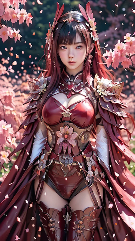 A sexy female character wearing red armor as a warrior from the Warring States period、((realistic))、((Medium long hair))、((Cherry red hair))、((toned body))、(glistening skin)、 tight body、((mega breasts 1.8))、 plump breasts 、 plump thighs 、 The red armor with the Satsuki flower pattern engraved on it is bikini type and is designed to accentuate chest exposure、( Wearing a cape with azalea flower pattern)、garter skirt
、White shin guards engraved with azalea flowers、Red high-cut underwear、Red tights、 absolute domain、((from below))、Dramatic lighting、Brilliant Hill 、Big Asahi 、((Azalea flowers in full bloom are blooming in the background))、((Large azalea flowers in full bloom are blooming on the front))、 cinema-like scene 、((Background Japanese Satuki azalea)) 、((foreground Japanese Satuki azalea))、 Max Image、 Ultra High Definition、8k、masterpiece、crisp quality、