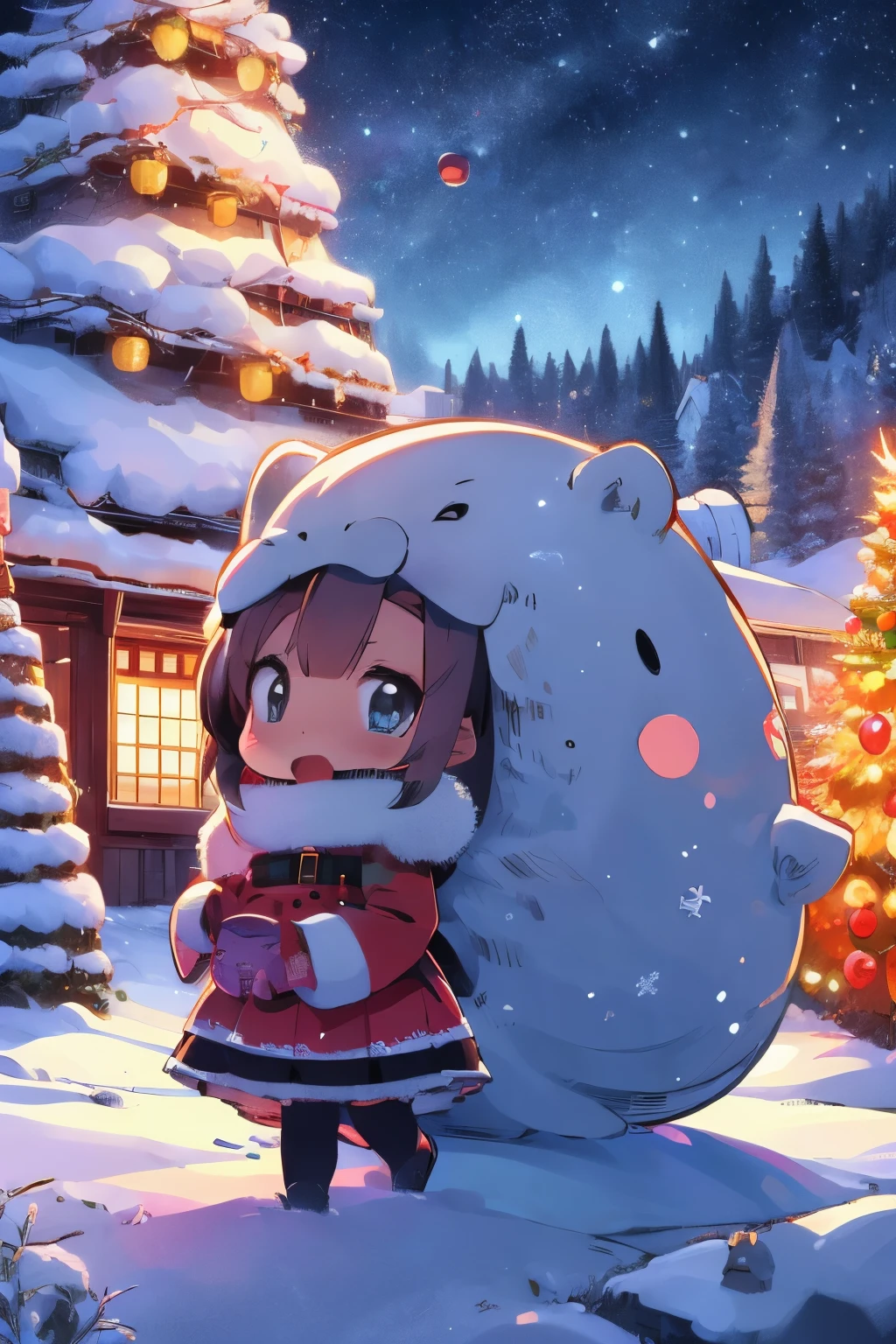  white christmas,  Big Christmas Tree , a Spheal and a girl,  Cute girl in a skirt in a fur coat looking up at the tree,  Night Illuminations, Depiction of light,  top quality,  high definition ,  anime style, Snowy Townscape ,  Flying Sleigh with Santa Claus pulled by reindeer ,  Pokémon,