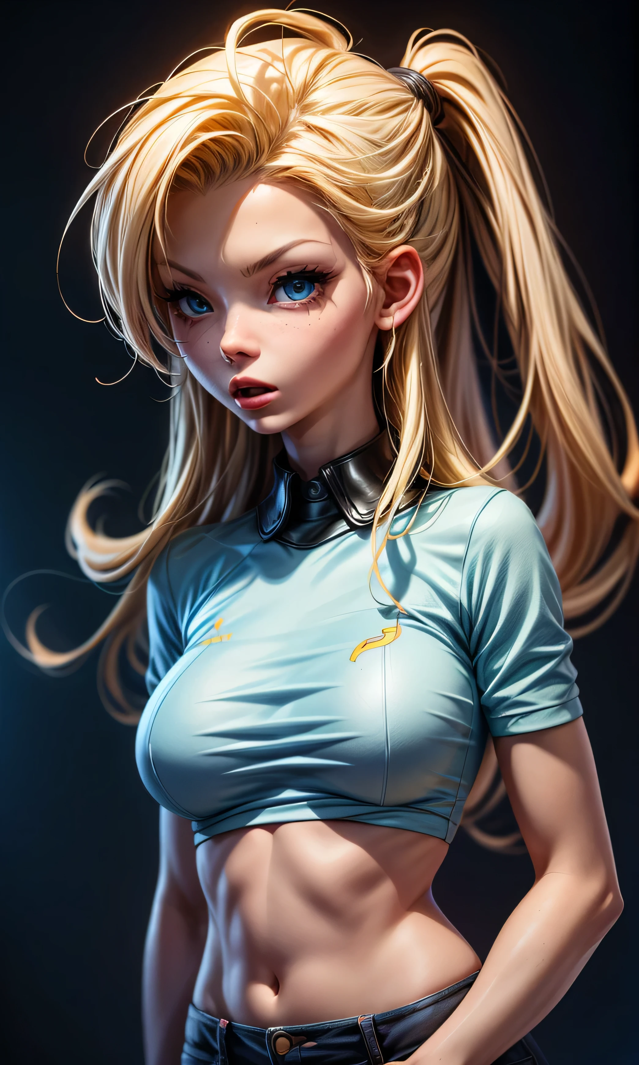 masterpiece, a girl, s, thin and tall, beautiful, blue eyes, blonde hair, full body , flat chest , skinny, pijama amarillo, pijama de SpongeBob, dark background,