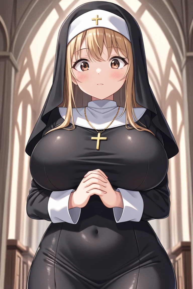 1girl, blond hair, smile, Catholic nun, smile, ((large breasts)), ((sweat)), full body shot, church, glasses, bottomless, uncensored, pussy, spread legs, (pubic hair), nsfw, pov BREAK ,((1man and 1woman,having sex)), boy on top