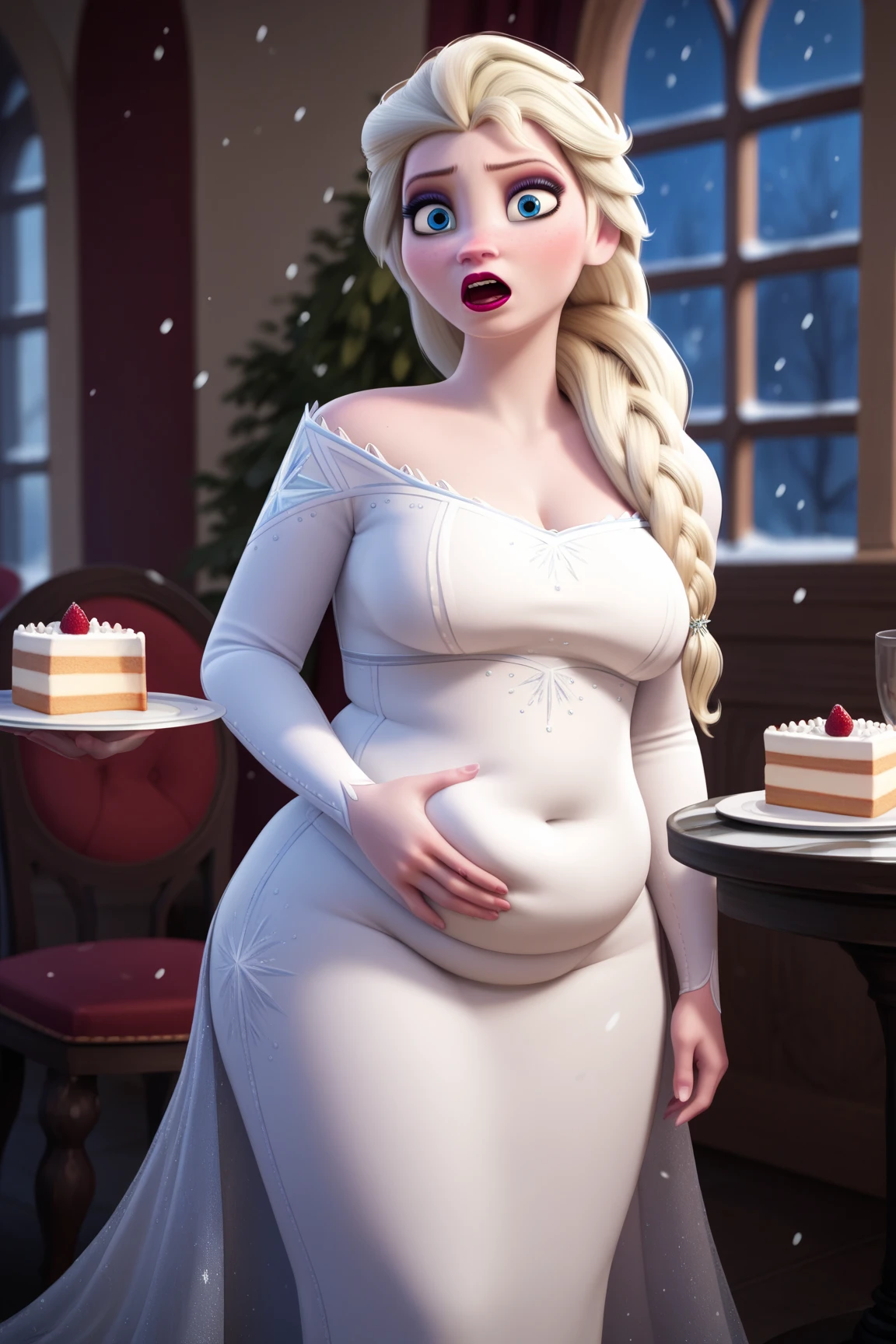 score_9, score_8_up, score_7_up, score_6_up, score_5_up, score_4_up, BREAK
1girl, Tall elsa \(frozen\), Tall Height, Prominent Neck, got chubby, blonde hair, hair over shoulder, long hair, blue eyes, long nose,
makeup, white tight dress, surprised, focused eyes, red lips, looking at stomach, eating a cake, POV,
hand on belly, straight nose, snowing, sit on the chair, close up, Arendelle streets background  