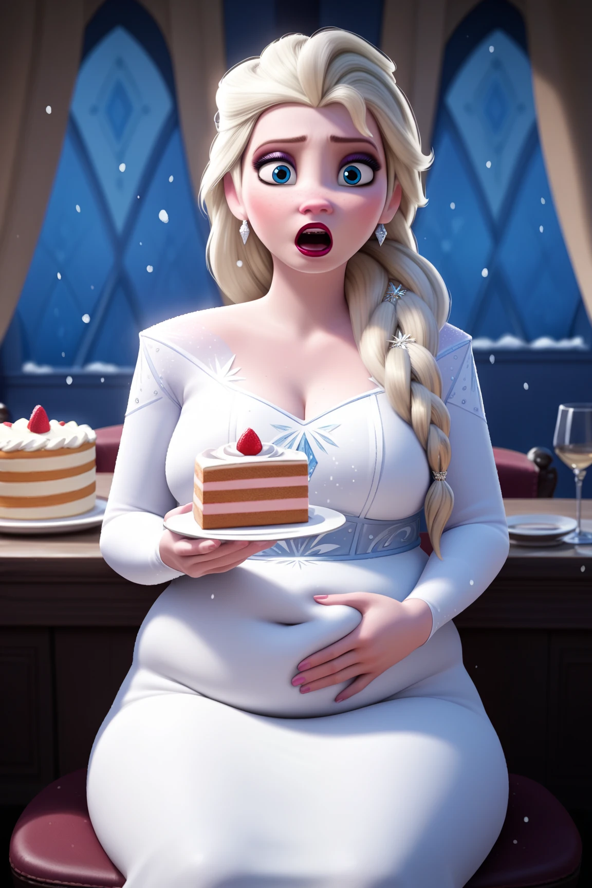 score_9, score_8_up, score_7_up, score_6_up, score_5_up, score_4_up, BREAK
1girl, Tall elsa \(frozen\), Tall Height, Prominent Neck, got chubby, blonde hair, hair over shoulder, long hair, blue eyes, long nose,
makeup, white tight dress, surprised, focused eyes, red lips, looking at stomach, eating a cake, POV,
hand on belly, straight nose, snowing, sit on the chair, close up, Arendelle streets background  